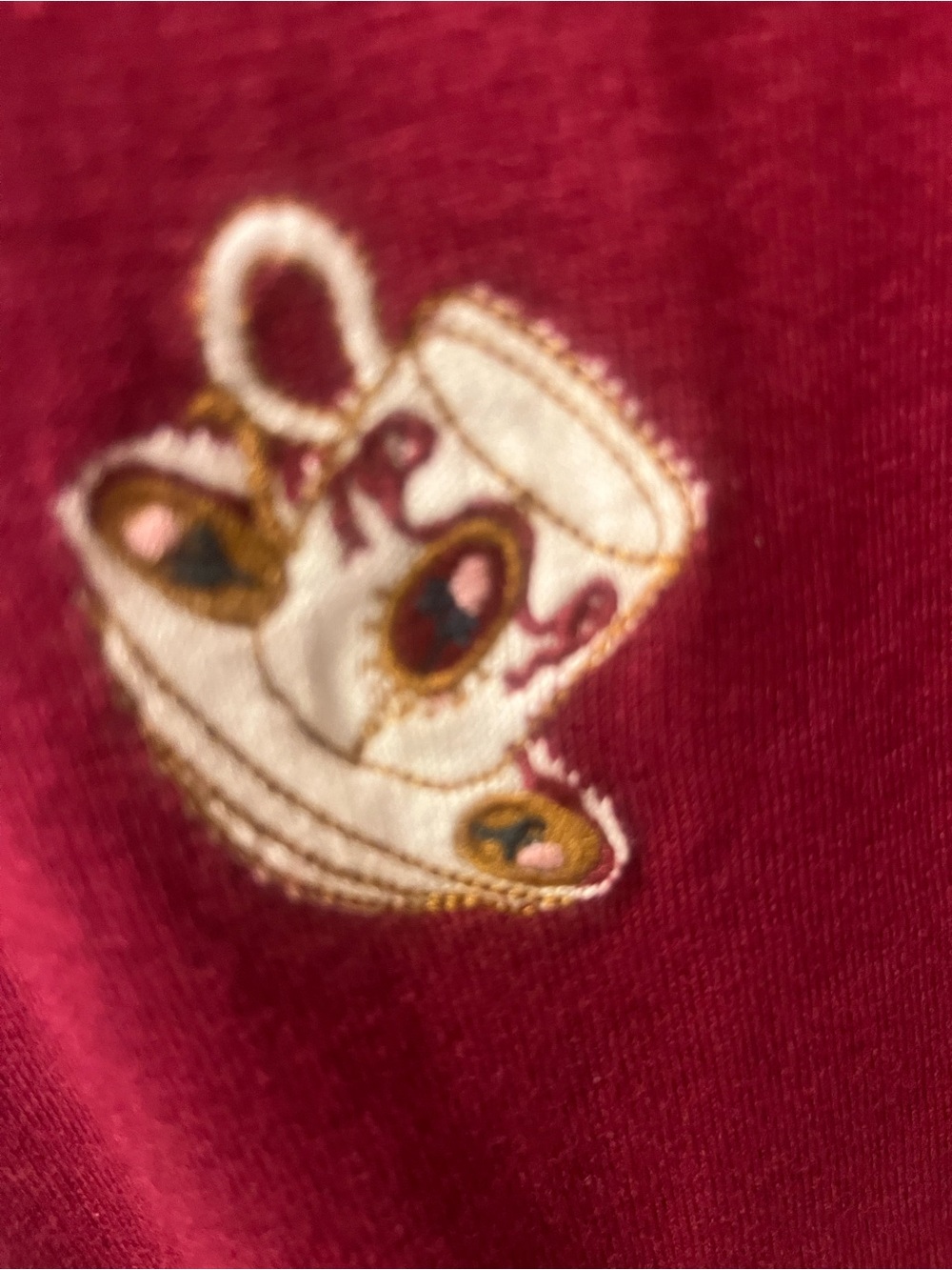 Talbots Women’s Medium Burgundy Tea Cup Embroidered Novelty Sweater Long Sleeve - Picture 6 of 11